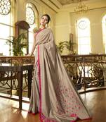 Beige Silk Blend Embroidery Saree