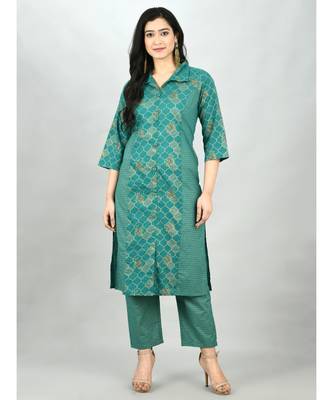 Green Cotton Printed 3/4 Sleeve Shirt Coller Casual Kurta Pant Set 1
