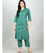 Green Cotton Printed 3/4 Sleeve Shirt Coller Casual Kurta Pant Set