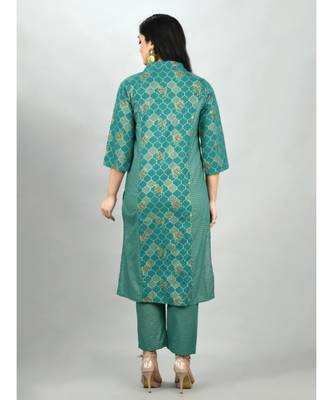 Green Cotton Printed 3/4 Sleeve Shirt Coller Casual Kurta Pant Set 2