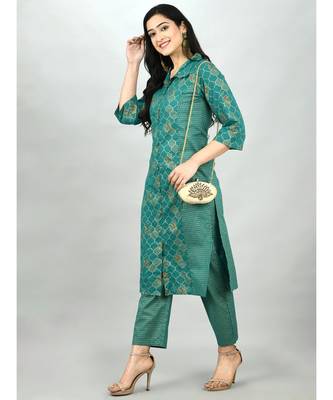 Green Cotton Printed 3/4 Sleeve Shirt Coller Casual Kurta Pant Set 3