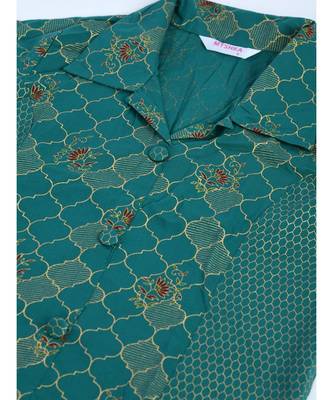 Green Cotton Printed 3/4 Sleeve Shirt Coller Casual Kurta Pant Set 4