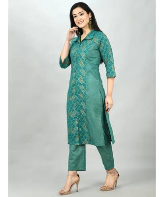 Green Cotton Printed 3/4 Sleeve Shirt Coller Casual Kurta Pant Set 5
