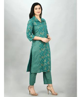 Green Cotton Printed 3/4 Sleeve Shirt Coller Casual Kurta Pant Set 6