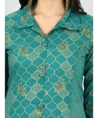 Green Cotton Printed 3/4 Sleeve Shirt Coller Casual Kurta Pant Set 7