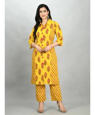 Yellow Cotton Printed 3/4 Sleeve Shirt Coller Casual Kurta Pant Set 1
