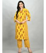 Yellow Cotton Printed 3/4 Sleeve Shirt Coller Casual Kurta Pant Set