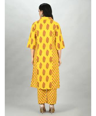 Yellow Cotton Printed 3/4 Sleeve Shirt Coller Casual Kurta Pant Set 2