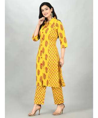 Yellow Cotton Printed 3/4 Sleeve Shirt Coller Casual Kurta Pant Set 3