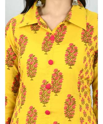 Yellow Cotton Printed 3/4 Sleeve Shirt Coller Casual Kurta Pant Set 4