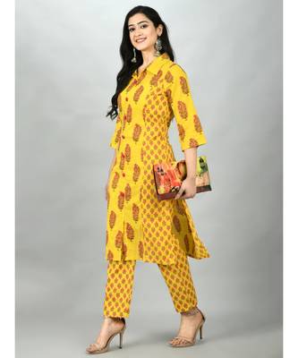 Yellow Cotton Printed 3/4 Sleeve Shirt Coller Casual Kurta Pant Set 5