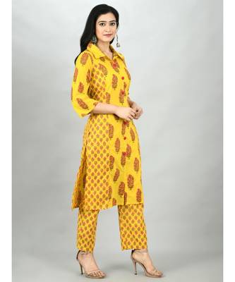 Yellow Cotton Printed 3/4 Sleeve Shirt Coller Casual Kurta Pant Set 6
