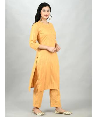 Mustrd Polyester Solid 3/4 Sleeve Round Neck Casual Kurta Pant Dupatta Set 3