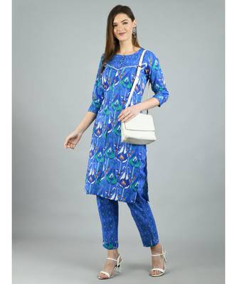 Blue Cotton Printed 3/4 Sleeve Round Neck Casual Kurta Pant Set 1