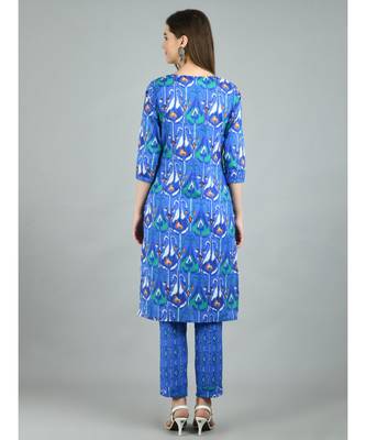 Blue Cotton Printed 3/4 Sleeve Round Neck Casual Kurta Pant Set 2