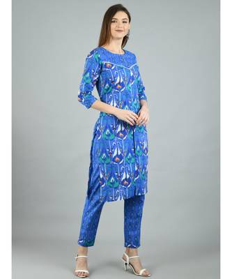 Blue Cotton Printed 3/4 Sleeve Round Neck Casual Kurta Pant Set 3
