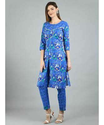 Blue Cotton Printed 3/4 Sleeve Round Neck Casual Kurta Pant Set 5