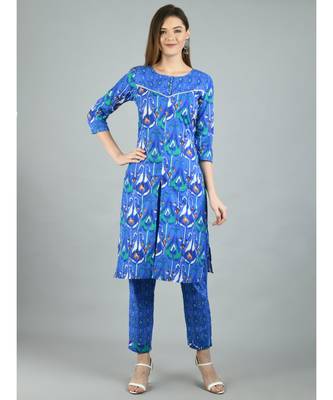 Blue Cotton Printed 3/4 Sleeve Round Neck Casual Kurta Pant Set 6