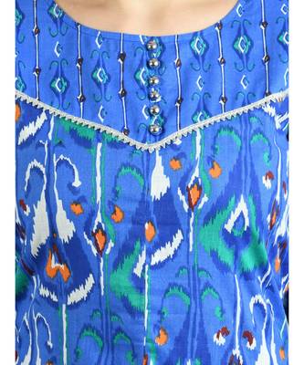 Blue Cotton Printed 3/4 Sleeve Round Neck Casual Kurta Pant Set 7
