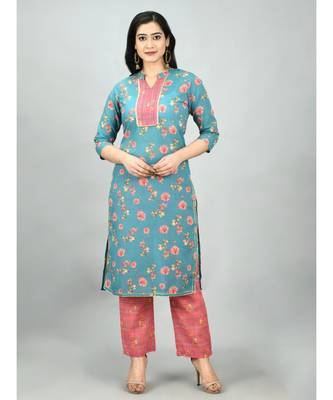 Multi Poly Cotton Printed 3/4 Sleeve Mandarin Neck Casual Kurta Pant Set 1