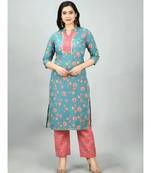 Multi Poly Cotton Printed 3/4 Sleeve Mandarin Neck Casual Kurta Pant Set