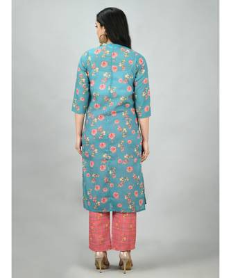 Multi Poly Cotton Printed 3/4 Sleeve Mandarin Neck Casual Kurta Pant Set 2