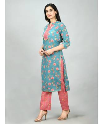 Multi Poly Cotton Printed 3/4 Sleeve Mandarin Neck Casual Kurta Pant Set 3