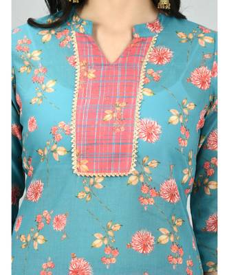 Multi Poly Cotton Printed 3/4 Sleeve Mandarin Neck Casual Kurta Pant Set 4
