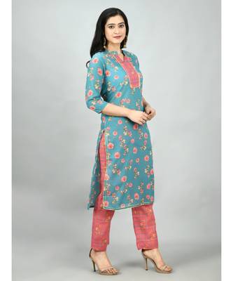 Multi Poly Cotton Printed 3/4 Sleeve Mandarin Neck Casual Kurta Pant Set 5
