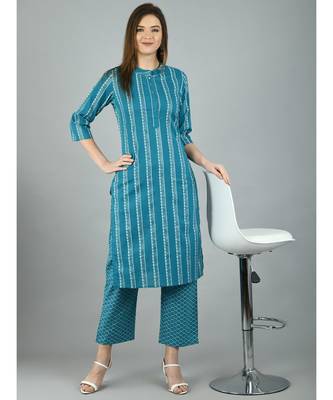 Green Cotton Printed 3/4 Sleeve Mandarin Neck Casual Kurta Pant Set 1