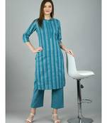 Green Cotton Printed 3/4 Sleeve Mandarin Neck Casual Kurta Pant Set