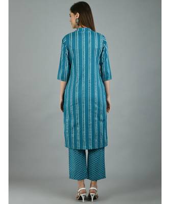Green Cotton Printed 3/4 Sleeve Mandarin Neck Casual Kurta Pant Set 2