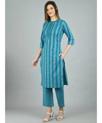 Green Cotton Printed 3/4 Sleeve Mandarin Neck Casual Kurta Pant Set 3