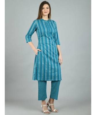 Green Cotton Printed 3/4 Sleeve Mandarin Neck Casual Kurta Pant Set 5