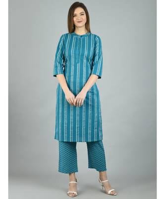 Green Cotton Printed 3/4 Sleeve Mandarin Neck Casual Kurta Pant Set 6