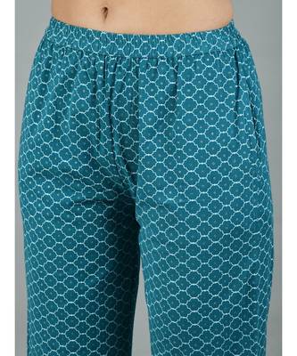Green Cotton Printed 3/4 Sleeve Mandarin Neck Casual Kurta Pant Set 8