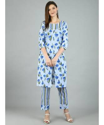Multi Cotton Printed 3/4 Sleeve Round Neck Casual Kurta Pant Set 1