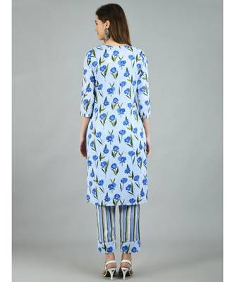 Multi Cotton Printed 3/4 Sleeve Round Neck Casual Kurta Pant Set 2