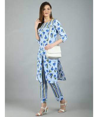 Multi Cotton Printed 3/4 Sleeve Round Neck Casual Kurta Pant Set 3