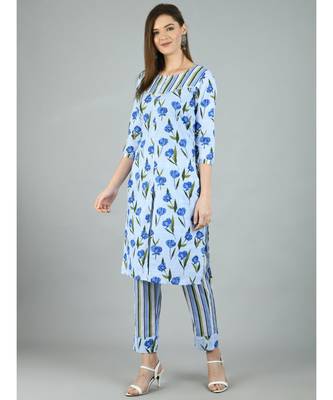 Multi Cotton Printed 3/4 Sleeve Round Neck Casual Kurta Pant Set 5