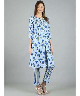 Multi Cotton Printed 3/4 Sleeve Round Neck Casual Kurta Pant Set 6