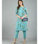 Green Poly Cotton Printed 3/4 Sleeve Round Neck Casual Kurta Pant Set