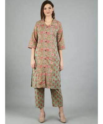 Multi Cotton Printed 3/4 Sleeve Shirt Coller Casual Kurta Pant Set 1