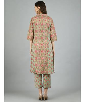 Multi Cotton Printed 3/4 Sleeve Shirt Coller Casual Kurta Pant Set 2