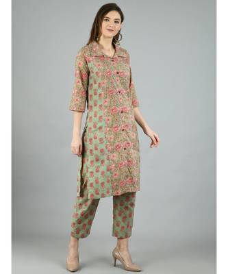Multi Cotton Printed 3/4 Sleeve Shirt Coller Casual Kurta Pant Set 3