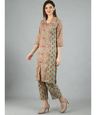 Multi Cotton Printed 3/4 Sleeve Shirt Coller Casual Kurta Pant Set 5