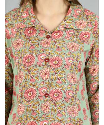 Multi Cotton Printed 3/4 Sleeve Shirt Coller Casual Kurta Pant Set 6