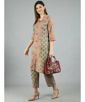 Multi Cotton Printed 3/4 Sleeve Shirt Coller Casual Kurta Pant Set 7