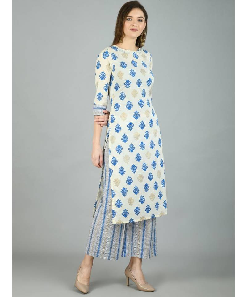 Multi Cotton Printed 3/4 Sleeve Round Neck Casual Kurta Palazzo Set