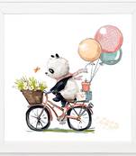Happy Panda   Cartoon White Framed Wall Hanging Art Print for Office  Home Reading Room  ( 8x8 ) Inch
